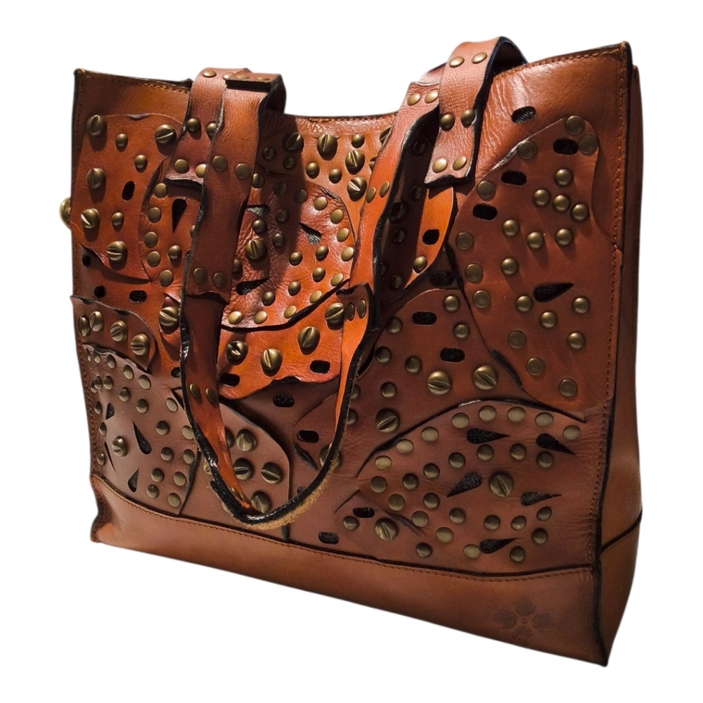 Patricia Nash Studded Link Perforated Toscano Tote Bag in Cognac Brown EUC - Picture 3 of 16